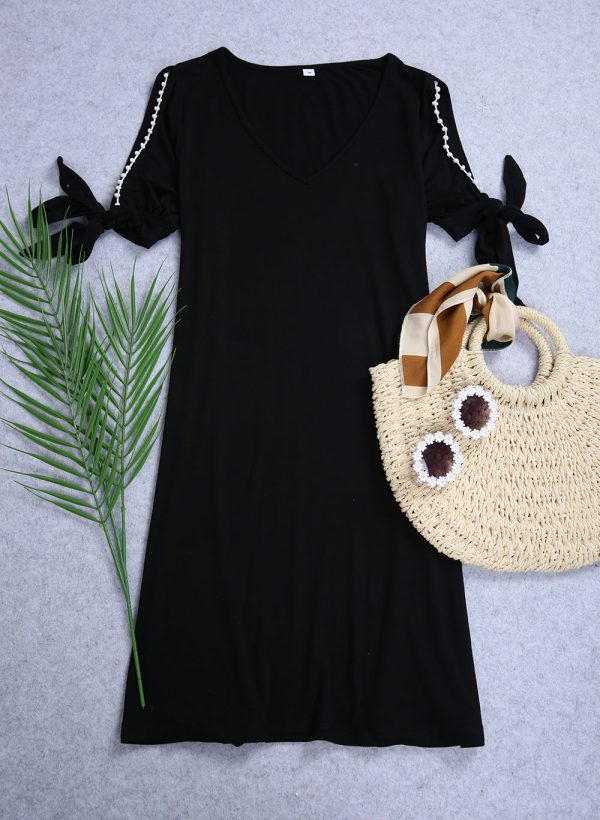 Plunging V-Neck Split Sleeve Black Mini Dress