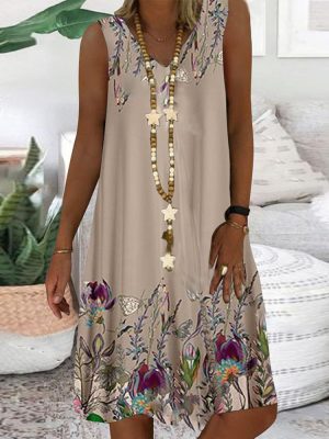Trendy Coffee Sleeveless Print Mini Dress